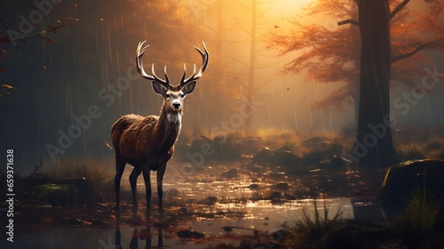 AI generated  autumn forest  rain  dusk  deer  photorealistic