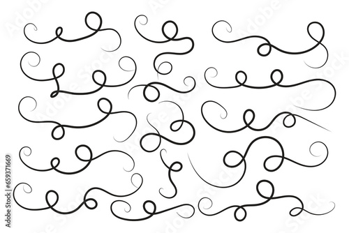 Vintage Filigree Swirls, calligraphy decorative scroll, Fancy Line Flourishes Swirls Elements, vintage curly thin line Text Ornaments, curls text divider flourish Swirl, calligraphic curl lines 
