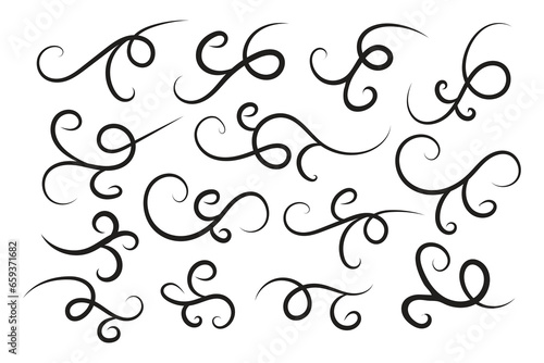 Vintage Filigree Swirls, calligraphy decorative scroll, Fancy Line Flourishes Swirls Elements, vintage curly thin line Text Ornaments, curls text divider flourish Swirl, calligraphic curl lines 