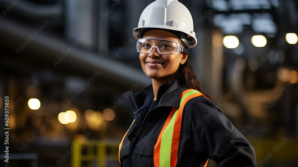 Portrait of a smiling female engineer at an oil refinery, confidently overseeing operations, maintaining safety standards, and ensuring the efficient production of petroleum products Portrait of a smiling female engineer at an oil refinery, confidently overseeing operations, maintaining safety standards, and ensuring the efficient production of petroleum products