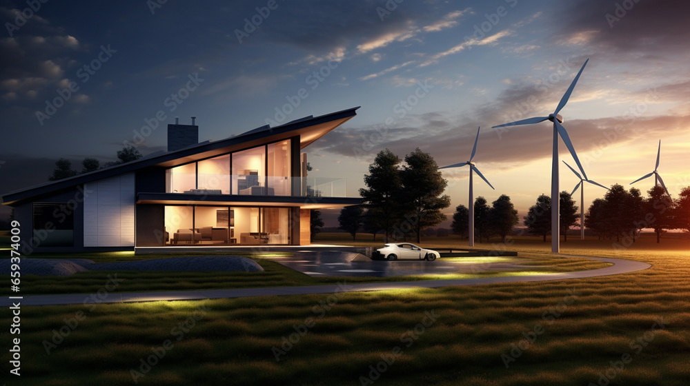 Sustainable Bliss: A Modern Home Embracing Wind Turbines, a Symbol of Environmentally Conscious Living in the 21st Century Sustainable Bliss: A Modern Home Embracing Wind Turbines, a Symbol of Environmentally Conscious Living in the 21st Century