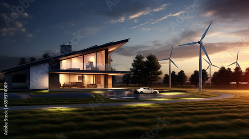 Sustainable Bliss: A Modern Home Embracing Wind Turbines, a Symbol of Environmentally Conscious Living in the 21st Century