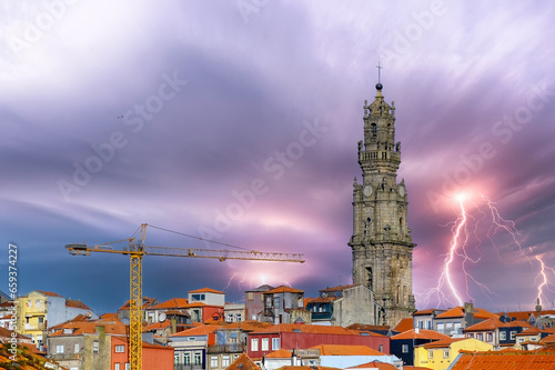 Dramatic sky in the Clerigos Tower and Church in Porto, Portugal