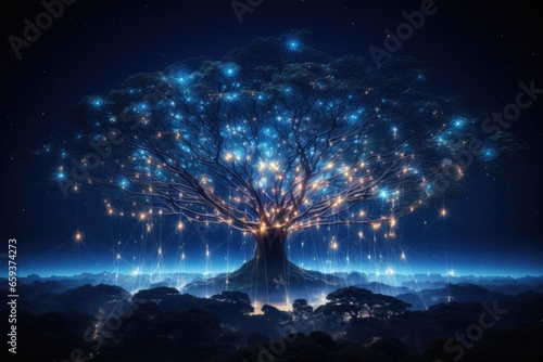 A tree shrouded in neural connections. Abstract image of future science. Artificial intelligence concept