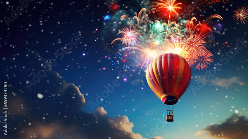 hot air balloon in sky and fireworks