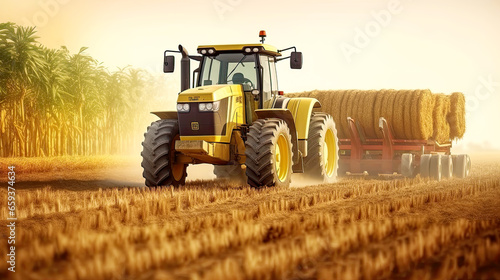 Fotografie Yellow tractor on the field at the corn harvest
