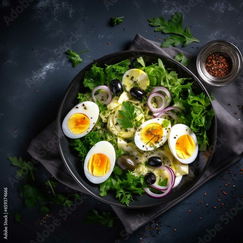 Salad with boiled eggs, olives and arugula. Top view