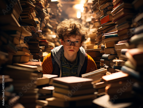 Young Geek Boy Surrounded by Towering Book Stacks