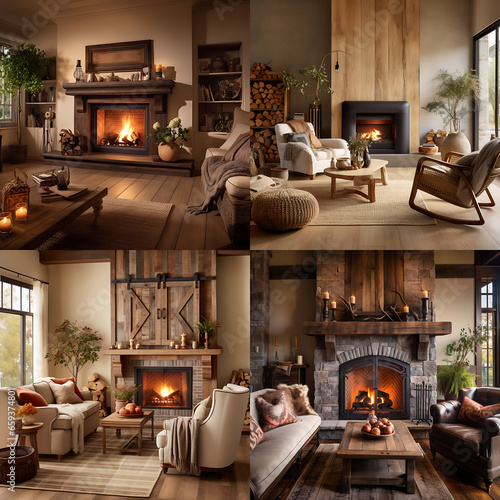 cozy atmospheric interior with a fireplace and plaids ,ai generated