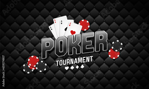 Poker tournament banner. Casino logo with playing cards and chips. Vector illustration.