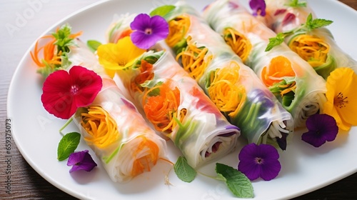 Spring rolls with edible flowers. Thai cuisine is both beautiful and delicious. Colorful made from edible flowers, shrimp, rice noodle, and organic vegetables wrapped in rice paper.