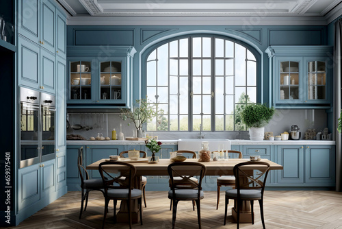 realistic modern French-style kitchen in blue shade