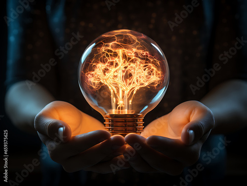 Hand cradling a glowing lightbulb with mini brain