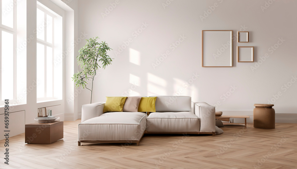 Fototapeta premium Stylish scandinavian composition of living room. Minimalist cozy room of modern contemporary loft. Home decor from generative AI.