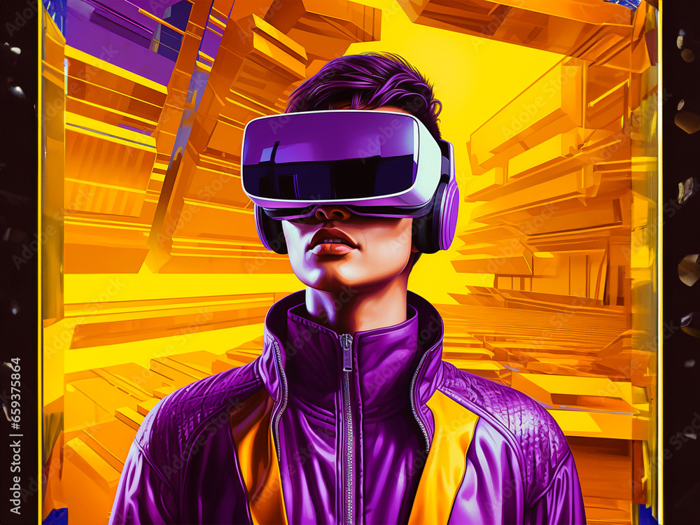 woman wearing virtual reality goggles, seeing amazing things