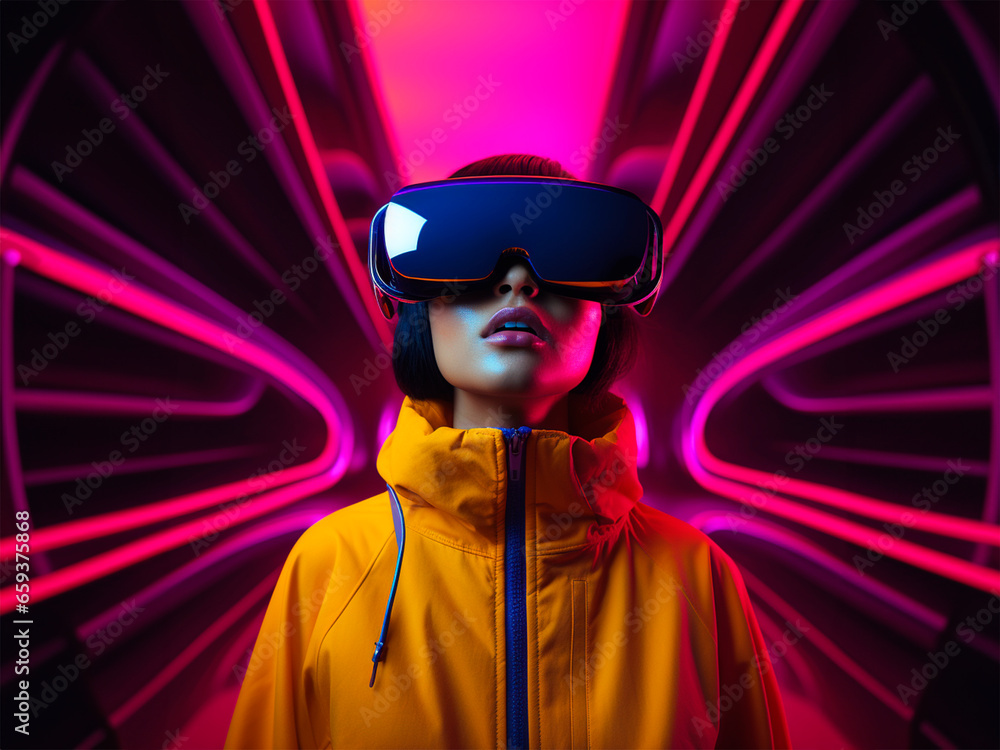 woman wearing virtual reality goggles, seeing amazing things