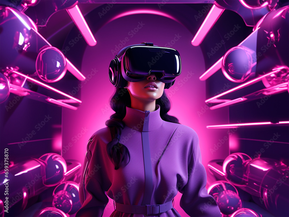 woman wearing virtual reality goggles, seeing amazing things