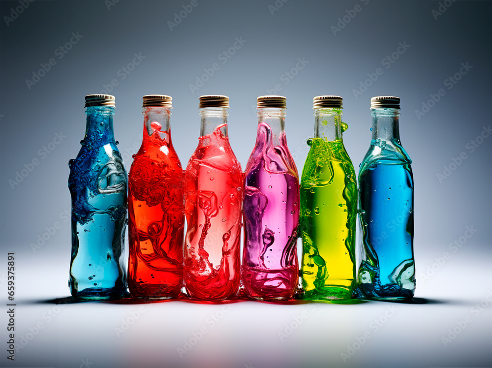 different liquids in glass bottles
