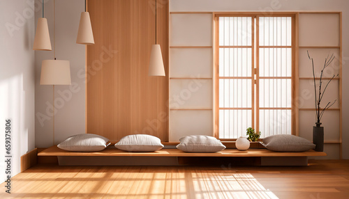Minimalist lighting scandinavian apartment in japandi style design livingroom. Japanese home decoration. Generative AI