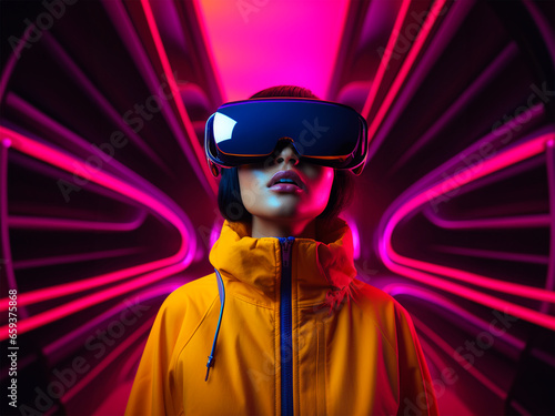 Obraz na płótnie woman wearing virtual reality goggles, seeing amazing things w salonie