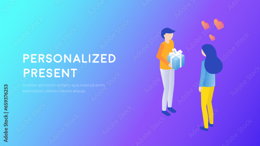 Gift giving concept. Receiving a present 3d isometric. Woman and man with a gift. Gift giving concept. Receiving a present 3d isometric. Woman and man with a gift.