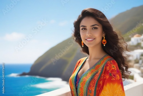 Beautiful young smiling spanish brunette womanin national clothes, sea and blue sky on the background. Generative AI photo