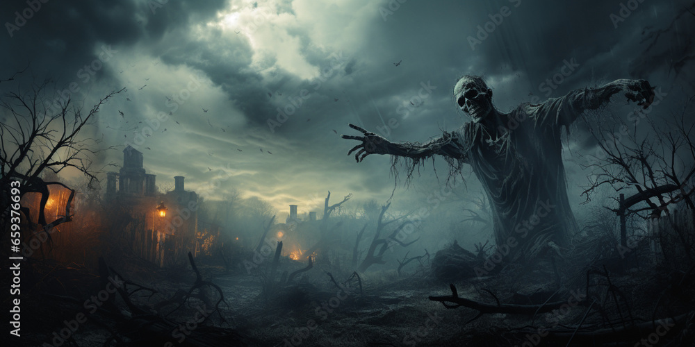 Fototapeta premium Ghost scenery, Halloween background, Zombie Apocalypse, scary haunted cemetery
