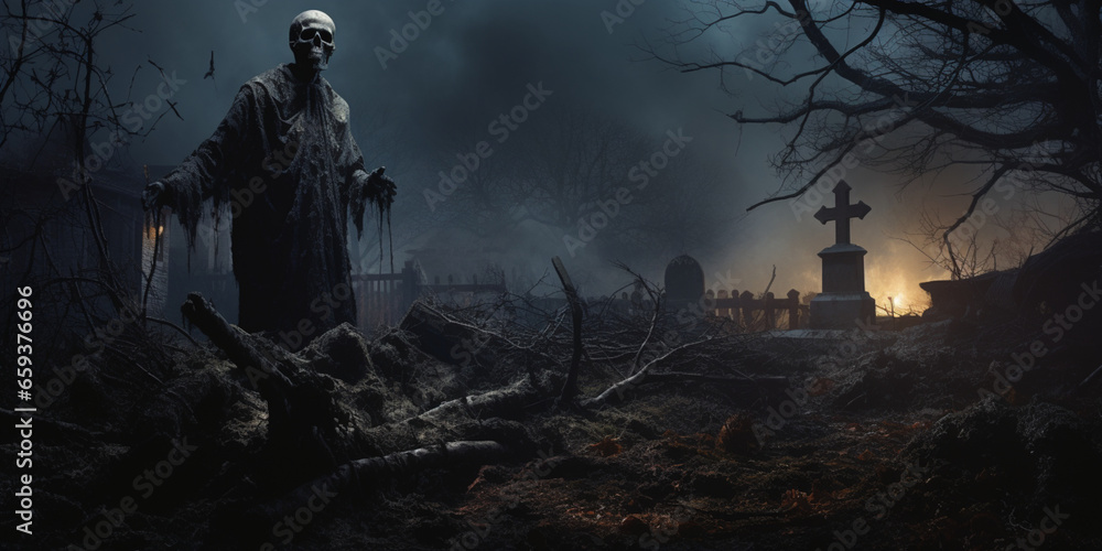 Ghost scenery, Halloween background, Zombie Apocalypse, scary haunted cemetery