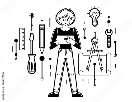 Engineer working on a project, mechanic specialist doing his job on draft plan vector outline illustration, creative inventor, machine repair.