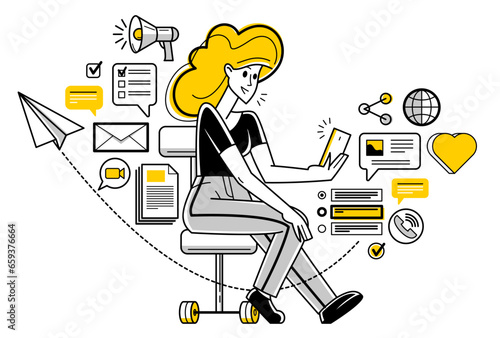 Online work on a phone concept vector outline illustration, smartphone remote virtual working freelancer or a part of coworking team working on distance.
