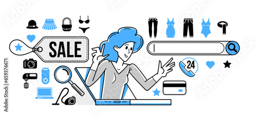Online shopping and discount vector outline illustration, virtual store worker managing goods or customer have a big choice and enjoying cheap prices, adviser consultant.