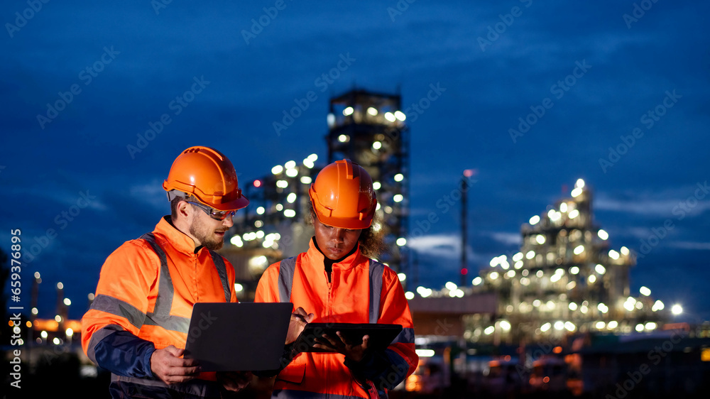 Engineers survey team wearing safety uniform and helmet under conversation document on hand and tablet inspect survey checking construction railway work station with oil refinery factory background