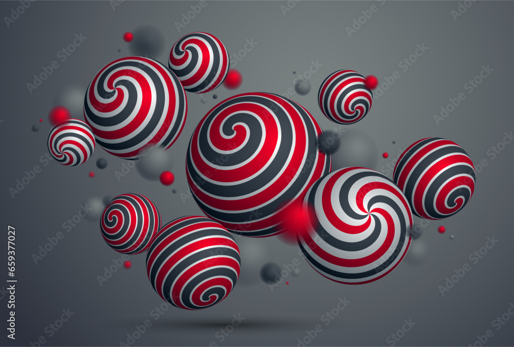 Abstract spheres vector background, composition of flying balls decorated with patterns, 3D mixed variety realistic globes with ornaments, realistic depth of field effect. Abstract spheres vector background, composition of flying balls decorated with patterns, 3D mixed variety realistic globes with ornaments, realistic depth of field effect.