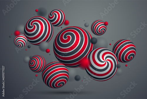 Abstract spheres vector background, composition of flying balls decorated with patterns, 3D mixed variety realistic globes with ornaments, realistic depth of field effect.
