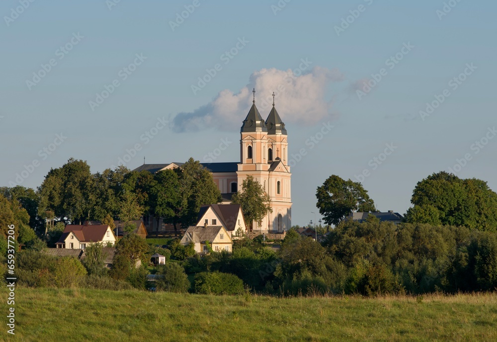 church, architecture, religion, europe, old, history, travel, historic, tourism, moletai, lithuania, clouds, town, tower, building, sky, stone, landmark, medieval, city, wall, castle, chapel, monument