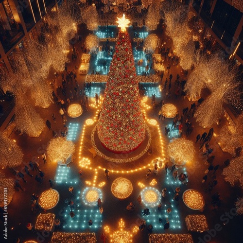 top view of christmas tree and decorations with lighting