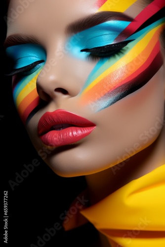 Photo of a woman with vibrant and artistic high fashion makeup created with Generative AI technology