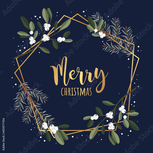 Christmas gold polygonal wreath. Decor for New Year Christmas and holiday. Wreath with holly berries, mistletoe and fir branches