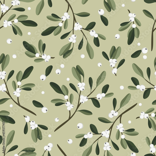 Vector seamless pattern with mistletoe branches on green background. For fabric, wallpaper, packaging, textile, web design.