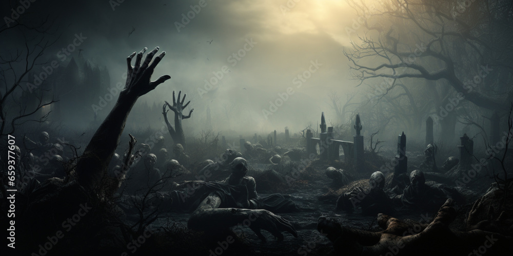 Ghost scenery, Halloween background, Zombie Apocalypse, scary haunted cemetery - obrazy, fototapety, plakaty 
