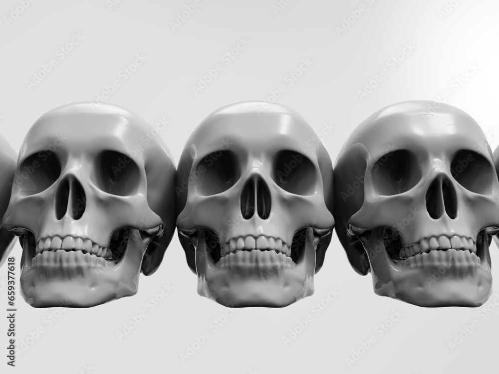 Row of Realistic Human Skull Cranium Isolated on White Background Row of Realistic Human Skull Cranium Isolated on White Background