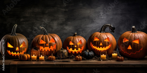 Glowing Jack-o’-lanterns on a Wooden Table: A mesmerizing display with lit candles, set against a dark background, offering space for Halloween-themed text. © Tomasz