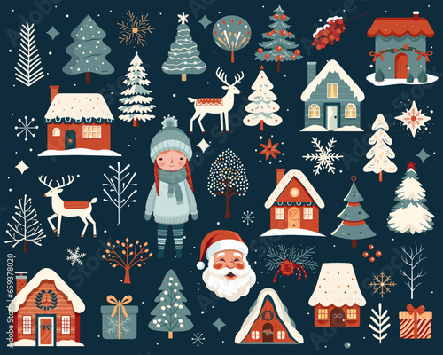 Big set of hand drawn christmas elements. Scandi christmas design, cute houses, trees, girl, deer, santa claus.