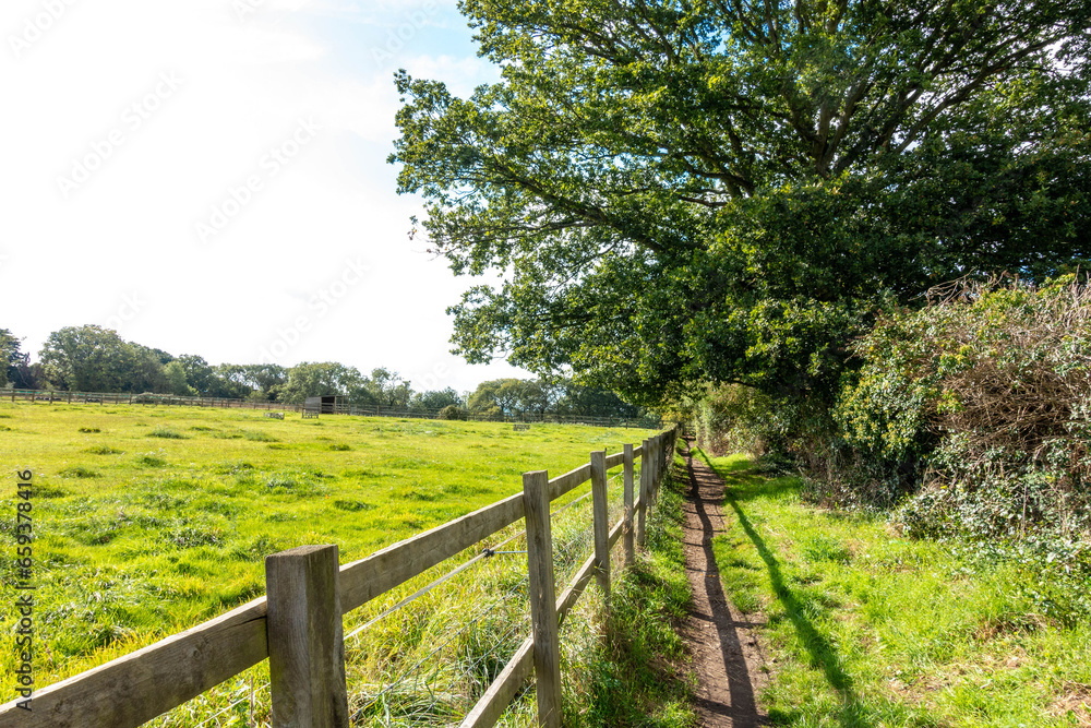 Walking down a countryside path past a field fenced off with a wooden fence Walking down a countryside path past a field fenced off with a wooden fence