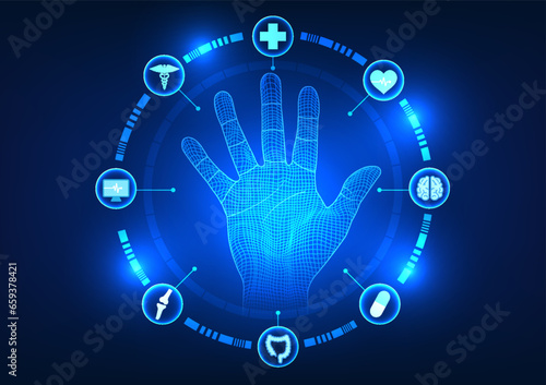 Medical technology Hand inside technology circle with doctor icon Refers to doctors who use technology in medicine to diagnose and treat patients.