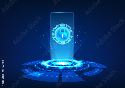 Smartphone technology Mobile phone on technology circle with screen and lock. Mobile security system. Prevent data theft and loss.
