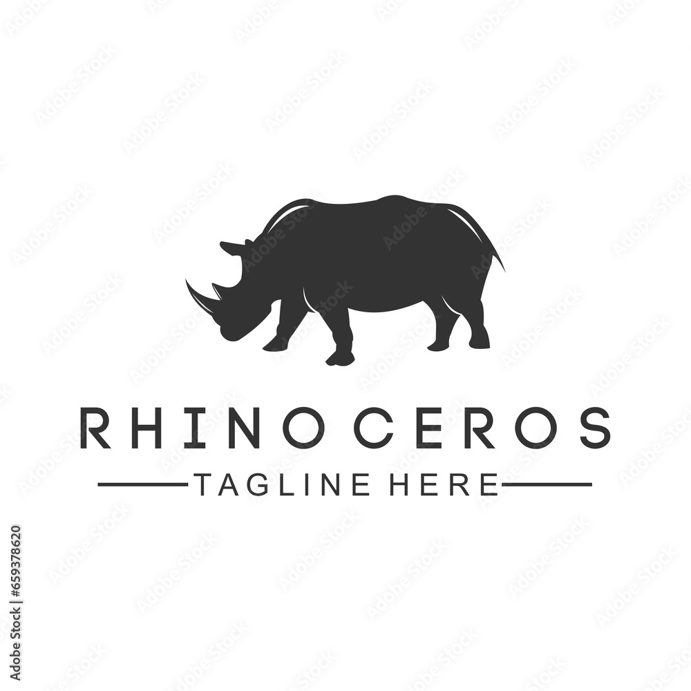 black vector image of a rhinoceros animal on a white background.