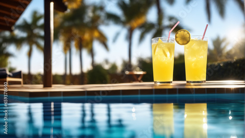 Glass of lemonade juice with swimming pool and tropical plants in background. Highly detailed and realistic illustration