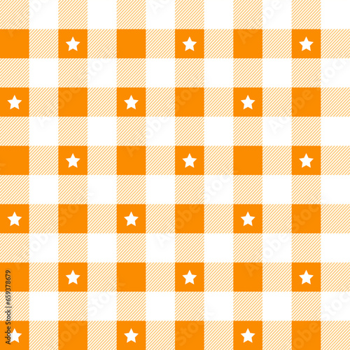 Orange plaid pattern with star background. plaid pattern background. plaid background. Seamless pattern. for backdrop, decoration, gift wrapping, gingham tablecloth, blanket, tartan.