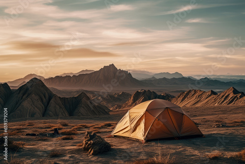 Lone tent in a beautiful landscape. Concept image on travel  nomad life and sustainable holidays.